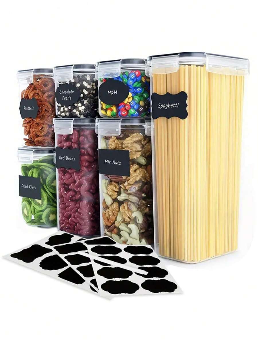 12pcs Food Cans And Packaging Cans, Plastic Airtight Food Storage Containers Without Bisphenol A, For Grains, Snacks, And Sugar, Labeled And Labeled Grain Dispensers, Dishwasher Safes, Kitchen Accessories - 黑與白 - 查看 1
