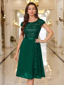 MIUSOL Sequin Lace Ruffle Trim Chiffon Cocktail Party Swing Dress - Dark Green - View 7