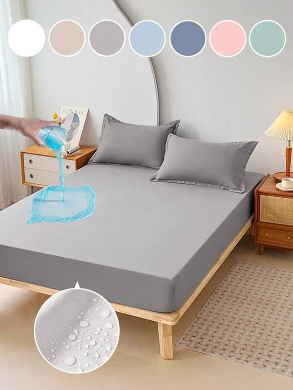 1 pieza Sábana ajustable impermeable, sábanas, ropa de cama, cubierta de colchón, funda de cama, ropa de cama suave y cómoda para el dormitorio, protector de colchón de unicolor, sábanas hipoalergénicas, sábana ajustable para cama individual, matrimonial, king, queen, protección contra el polvo, sin incluir almohada y funda de almohada, regalo ideal para Pascua, para el Día de la Independencia, regalo perfecto para días festivos, textil para el hogar acogedor, lavable a máquina