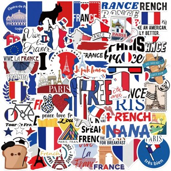 50 stuks Cartoon I Love France Thema Graffiti Stickers voor Gepersonaliseerde Leuke Kat Creatieve Decoratie Stickers voor Waterfles, Laptop, Scarpbook, Skateboards, Kerstmis Halloween Verjaardagscadeau/Decoratie. Verjaardagsfeest Gunsten Dierencadeaus, Schoolbenodigdheden, Terug naar School
