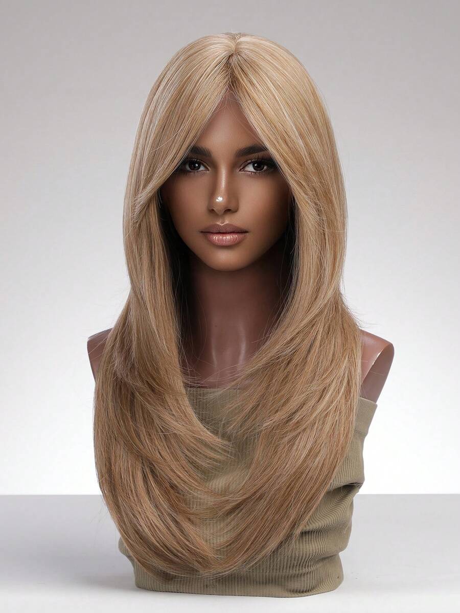 Light Golden Butterfly Long Hair With Bangs Synthetic Wig, Suitable For Women, Natural Hair Texture, Cosplay Wig, Suitable For Back To School Season - 彩色 - 查看 1