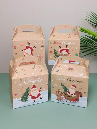 12 piezas Cajas de regalo de Navidad multicolor, bolsas de regalo de Nochebuena, cajas de cartón blanco, cajas de obsequio para fiestas navideñas con asa y tapa, 4 diseños para el hogar, la escuela y la decoración navideña