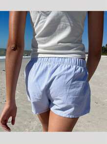 Short con elástico de rayas para mujer, estilo pijama corto de cintura baja, lindo short de boxeo, pantalón corto de descanso de verano, ropa de dormir - Azul - Ver 4