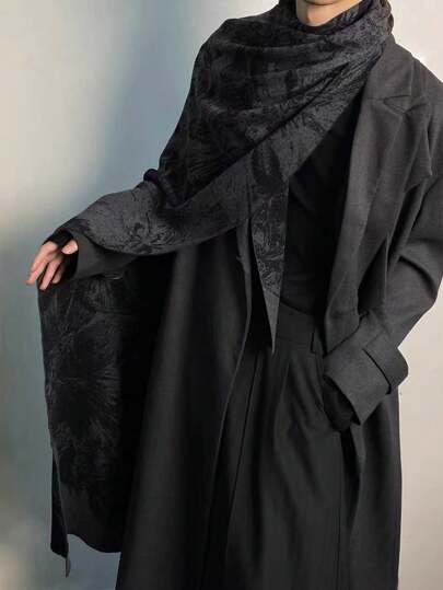 1 pieza Chal/Pañuelo grande de mujer con estampado floral abstracto negro y gris oscuro, de uso casual y cálido para el día a día, con estampado de flores en contraste