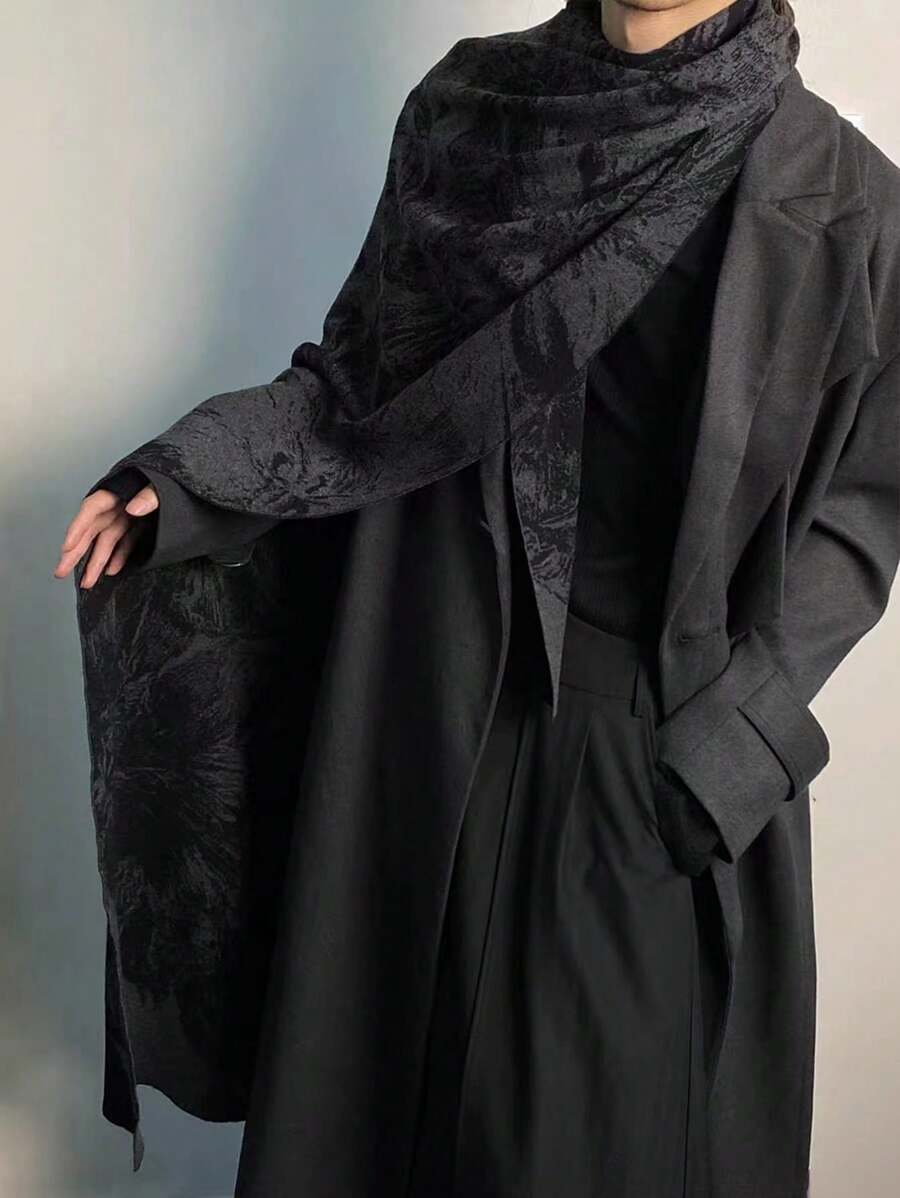 1件装女士黑灰色深色花卉抽象大号围巾披肩，保暖休闲日常使用，撞色花卉印花