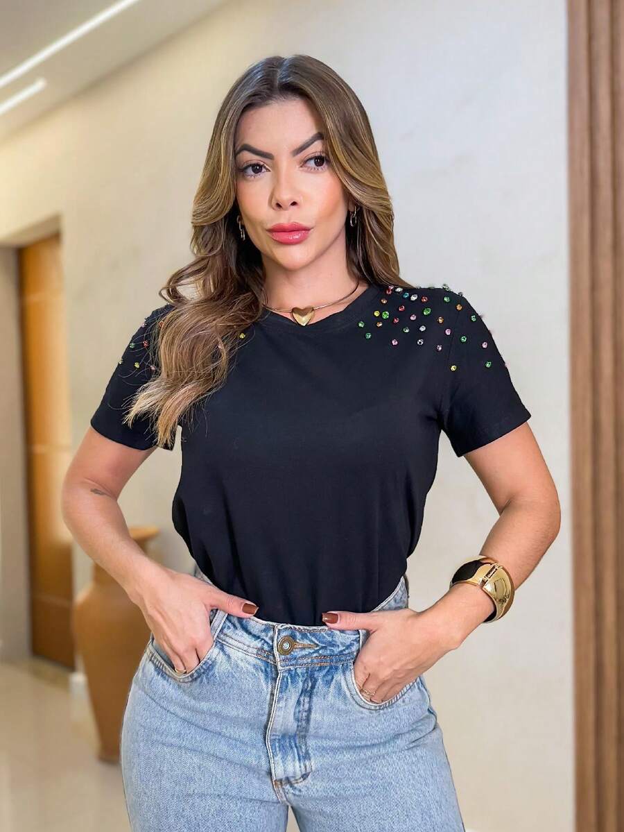 E-Star Women's Blouse Summer Fashion T-Shirt - màu đen - Xem 1