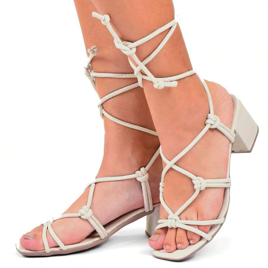 Casual Sandal Adjustment Low Heel Tie On Leg Comfortable Comfort - 白色 - 查看 1