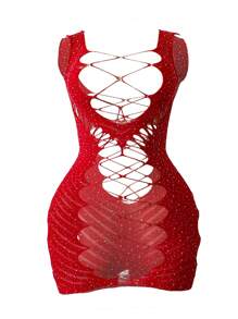1 件性感女士内衣套装，水钻镂空半透明紧身渔网睡袍，露胸修身迷你连衣裙，适合外穿、派对、情侣 - 紅色 - 查看 8