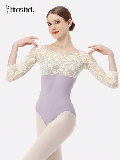  DonsGirl 女士连体七分袖蕾丝拼接芭蕾舞紧身衣演出服