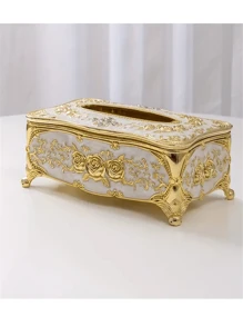 1pc European Rose Pattern Paper Towel Box, Suitable For Hotel, Restaurant, Home, Bathroom Paper Towel Storage And Desktop Decoration, Also Can Be Used For Home Bathroom Decor, Bathroom Storage, Autumn Decor And Back To School Decor. - Gold White - View 5