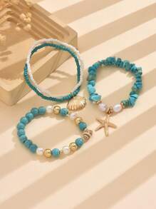 3pcs/Set Islandy Turquoise Natural Seashell Beaded Bracelet With Metal Starfish & Shell Pendant, Suitable For Women Daily Use And Beach Party