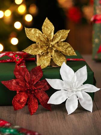 2/5/10/20pcs Artificial Flowers For Christmas Tree Decoration And DIY Party Decor, White, Silver, Champagne, Gold, Red, Pink,Christmas