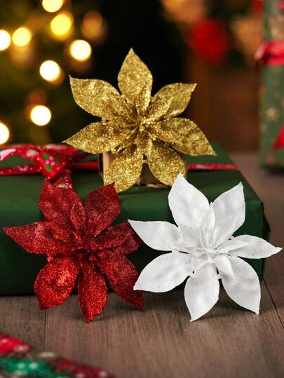 2/5/10/20 Peças Flores Artificiais para Decoração de Árvore de Natal e Decoração de Festa DIY, Branco, Prata, Champanhe, Ouro, Vermelho, Rosa, Natal