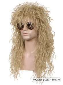 男士 80 年代假发 黑色马尾假发 万圣节服装 男性假发 朋克重金属摇滚假发 卷发 长发 - 查看 2