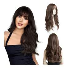 MOLOLAN Pelucas Sintetica Para Mujer Cabello Ondulada Natural,peluca negra/marrón para cosplay y uso diario, pelucas largas rizadas,Conjunto de Peluca y Gafas de Cosplay,Peluca lolita cosplay de onda suelta rizada y negra super larga, con flequillo, de fibra sintética resistente al calor, de moda, para uso diario y de fiesta para mujeres y niñas,ideal para fiestas de cosplay o despedidas, extensiones de pelo liso largo sintético para uso diario de mujeres y niñas, peluca natural de cambio gradual de fibra resistente al calor para mujer( peluca*1; redecilla para el cabello*1) - Marron oscuro - Ver 2