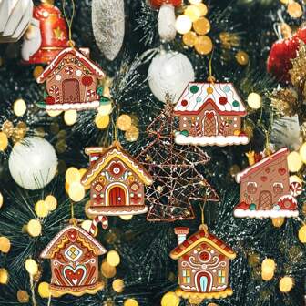 6pcs/7pcs/10PCS Christmas Gingerbread House Pendants, PVC Christmas Gingerbread House Ornaments