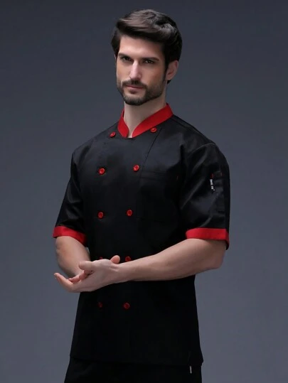 1pc Chef Jacket Unisex Black Stand Collar Double Breasted Short Sleeve Chef Coat For Kitchen, Bakery, Restaurant, Hotel