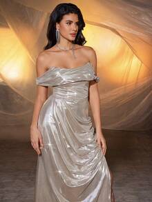 Vestido largo y elegante de unicolor con diseño de hombros descubiertos fruncidos para eventos formales de noche para mujeres - Dorado - Ver 5
