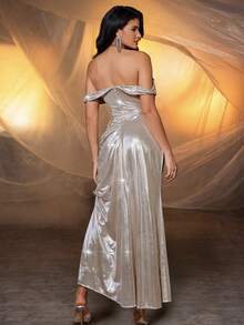 Vestido largo y elegante de unicolor con diseño de hombros descubiertos fruncidos para eventos formales de noche para mujeres - Dorado - Ver 3