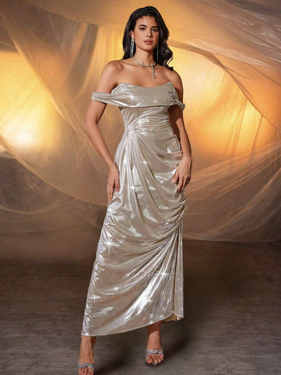 Vestido largo y elegante de unicolor con diseño de hombros descubiertos fruncidos para eventos formales de noche para mujeres - Dorado - Ver 1