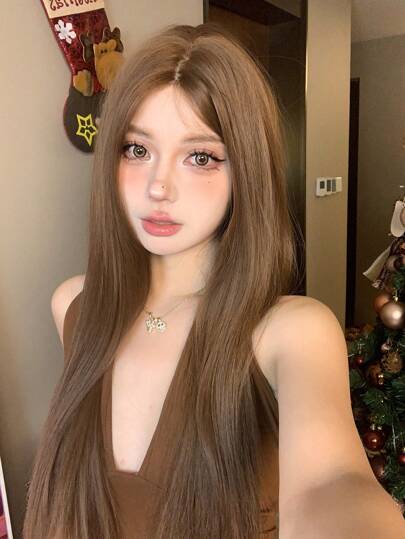 1 Piece Synthetic Lace Frone Wigs 32 Inch Long Straight Wigs For Women .Center Split Wig With Slim Bangs.   4*2 Lace  Coffee Brown /Burgundy /Black Brown /Linen Brown  Wigs .    Suitable For Various Scenes, For Daily UseHigh Temperature Semi Woven Daily Natural Fibers Mooth And Realistic Wig.