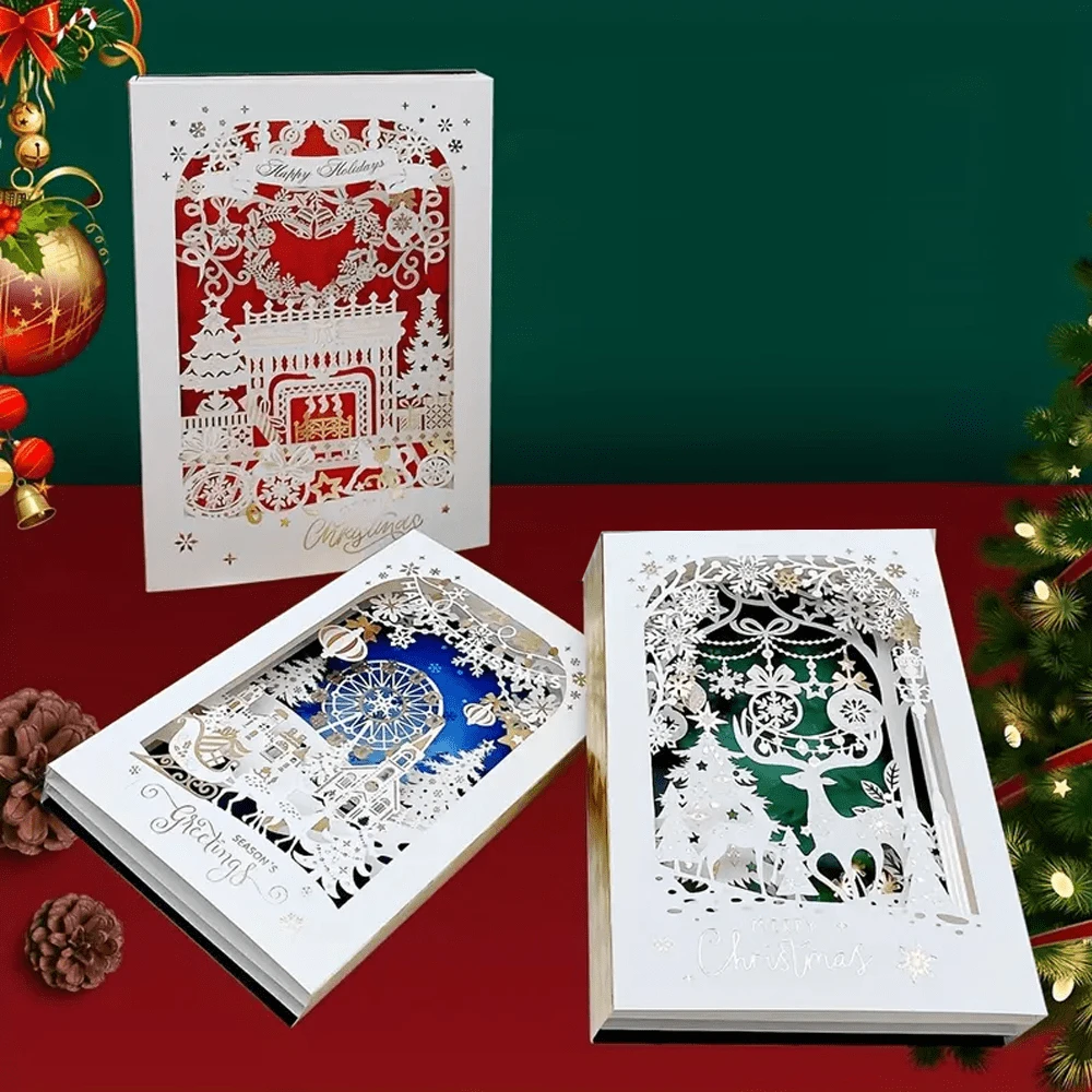 1张圣诞立体装饰贺卡、烫金卡、麋鹿摩天轮壁炉卡、四层立体精美贺卡、带信封的祝福卡、手工纸雕卡、派对礼物、圣诞节 - 查看 1