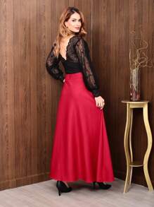 Women's Long Skirt Tailoring Evangelical Fashion - 酒紅色 - 查看 2
