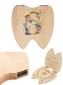 1 pieza Caja de madera para guardar dientes, caja de almacenamiento de dientes para niños y niñas con diseño de patrón de inicial y nombre creativo, caja recolectora del cordón umbilical y dientes, caja de recuerdos, organizador en inglés - Albaricoque - Ver 7