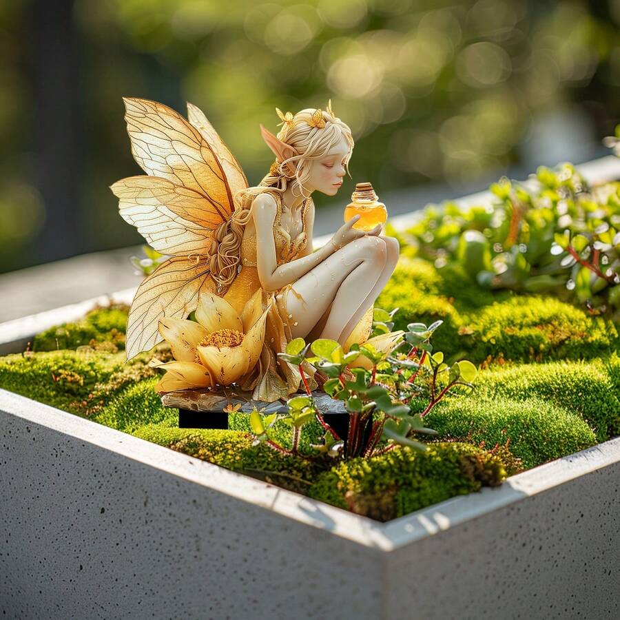 1 件装仙女花园雕像，亚克力仙女手捧蜂蜜罐草坪装饰，适合花园、露台或花盆的装饰艺术品 - 多色 - 查看 1