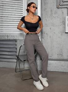 ADD FEMALE FASHION-508 Women's Dress Pants, High Waist, Includes Belt, Casual, Elegant, Modern, National Shipping SHE(IN) - 灰色 - 查看 6