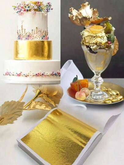 100 hojas cuadradas de lámina de oro comestible (solo para decoración), decoración de pasteles/postres DIY, adecuado para cumpleaños, bodas y decoración de fiestas, herramienta para decorar pasteles, decoración de tocados nupciales