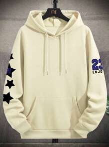 男士芝加哥23星创意印花休闲运动通勤多功能字母长袖连帽套头衫，保暖内衬卫衣，秋冬款 - 卡其色 - 查看 2