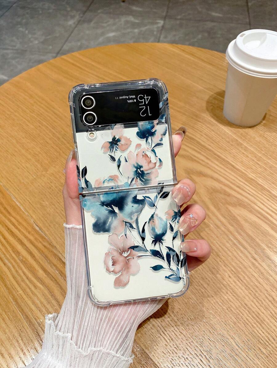 可折叠手机保险杠外壳，带蓝叶花朵装饰，适用于三星智能手机 - 彩色 - 查看 1