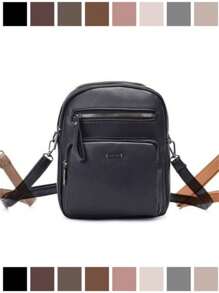 Women's Classic Leather Crossbody Shoulder Backpack - Cell Phone Pocket - Black - View 1