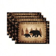 4 件乡村野生动物图案餐垫，带有鹿、狼、熊图案，涤纶隔热桌垫，适用于家庭和节日活动 - 棕色 - 查看 9