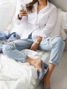 Camisa francesa con hombros caídos, botones y bolsillos  Camisa de manga larga básica de color sólido de nueva temporada de primavera, estilo profesional, ajustada y que adelgaza, con cuello vuelto - Blanco - Ver 4