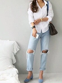 Camisa francesa con hombros caídos, botones y bolsillos  Camisa de manga larga básica de color sólido de nueva temporada de primavera, estilo profesional, ajustada y que adelgaza, con cuello vuelto - Blanco - Ver 6