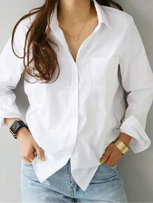 Camisa francesa con hombros caídos, botones y bolsillos  Camisa de manga larga básica de color sólido de nueva temporada de primavera, estilo profesional, ajustada y que adelgaza, con cuello vuelto - Blanco - Ver 7