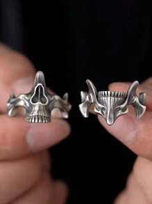 1 Pair Chiba Skull Ghost Face 2-In-1 Thai Silver Combo Ring Men's Single Ring Creative Design Sense Niche Accessories