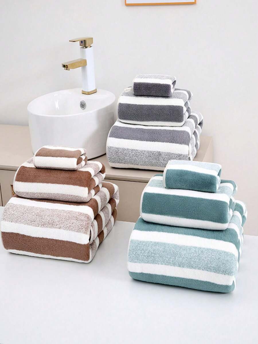 Striped Super Soft 3 Piece Coral Fleece Towel Set, Enlarged Thickened Highly Absorbent Towel Set Great For Everyday Use, Suitable For Fitness, Bathroom, Exercise, Yoga, Outdoor Travel, Includes One 70*35 Inch Bath Towel, One 39*20 Inch Towel, And One 12x12 Inch Wash Towel