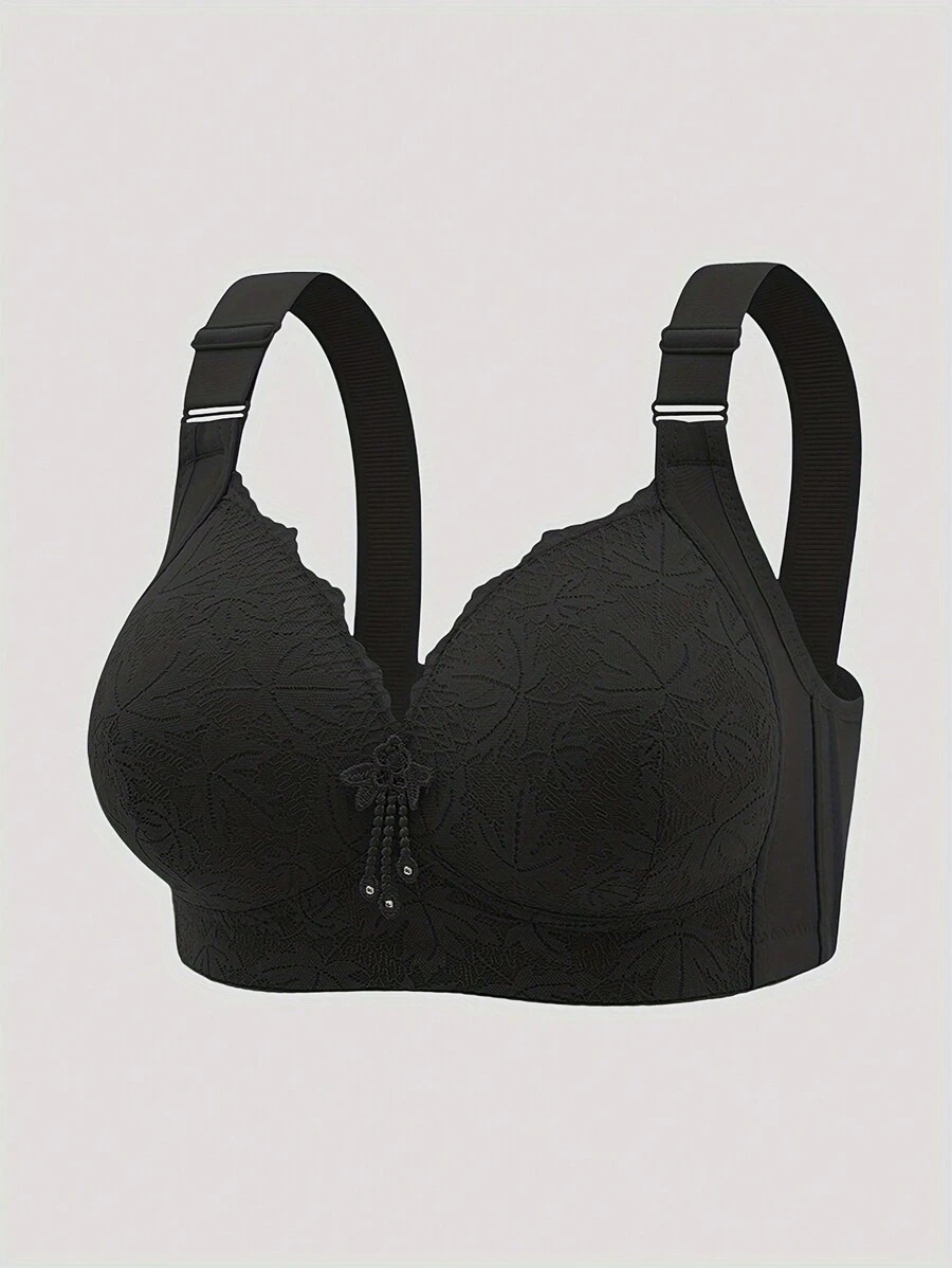 女士性感蕾丝黑色无钢圈文胸套装，提拉丰满胸部，展现娇小身材防下垂圣诞内衣文胸