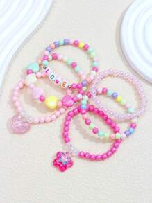 6pcs Girls' Lovely Flower & Heart Shaped Pendant Beaded Charm Bracelets Set For Daily Wear (Color Random)