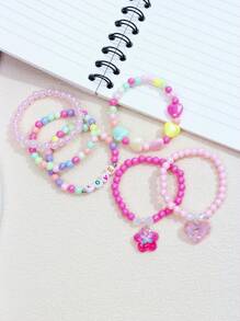6pcs Girls' Lovely Flower & Heart Shaped Pendant Beaded Charm Bracelets Set For Daily Wear (Color Random)