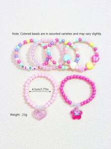 6pcs Girls' Lovely Flower & Heart Shaped Pendant Beaded Charm Bracelets Set For Daily Wear (Color Random)