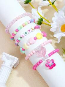 6pcs Girls' Lovely Flower & Heart Shaped Pendant Beaded Charm Bracelets Set For Daily Wear (Color Random)