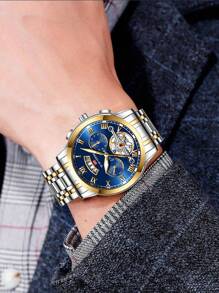 VA VA VOOM 1pc Men Watch Stainless Steel Fashion Watch Strap Analog Tourbillon Design Waterproof Calendar Sports Men's Quartz Watch - Blue - View 7