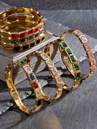 1 件彩色方形立方氧化锆手链，不锈钢镶嵌 5A 级立方氧化锆金手镯，适合女士、女孩、母亲、女儿、优雅、厚袖口、生日、日常派对、沙特国庆节珠宝礼物