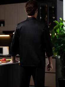 新款男士长袖厨师服，双排扣设计，纯色，防污透气厨师制服 - 黑色 - 查看 2