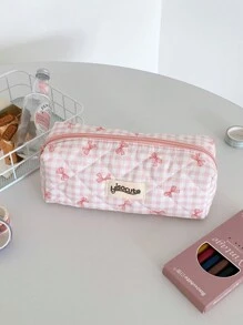 1 pieza Estuche de lápices con lazo y estampado a cuadros, estilo fresco, diseño coreano de vuelta a la escuela, útiles escolares, estuche de lápices, mochila escolar