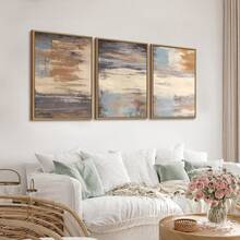Large Framed Wall Art - Natural Float Framed Colorful Canvas Pictures For Living Room Decor Contemporary Blue Beige Grey Lines Artwork For Bedroom Kitchen Home Office Decoration 60" X 28" Set Of 3